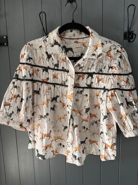 Maeve White Dog-Print Puff Sleeve Button Front Blouse